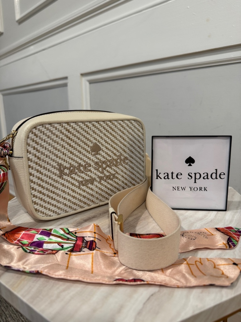 kate spade Bag Oh Snap Straw Camera Logo Woven Cream Crossbody